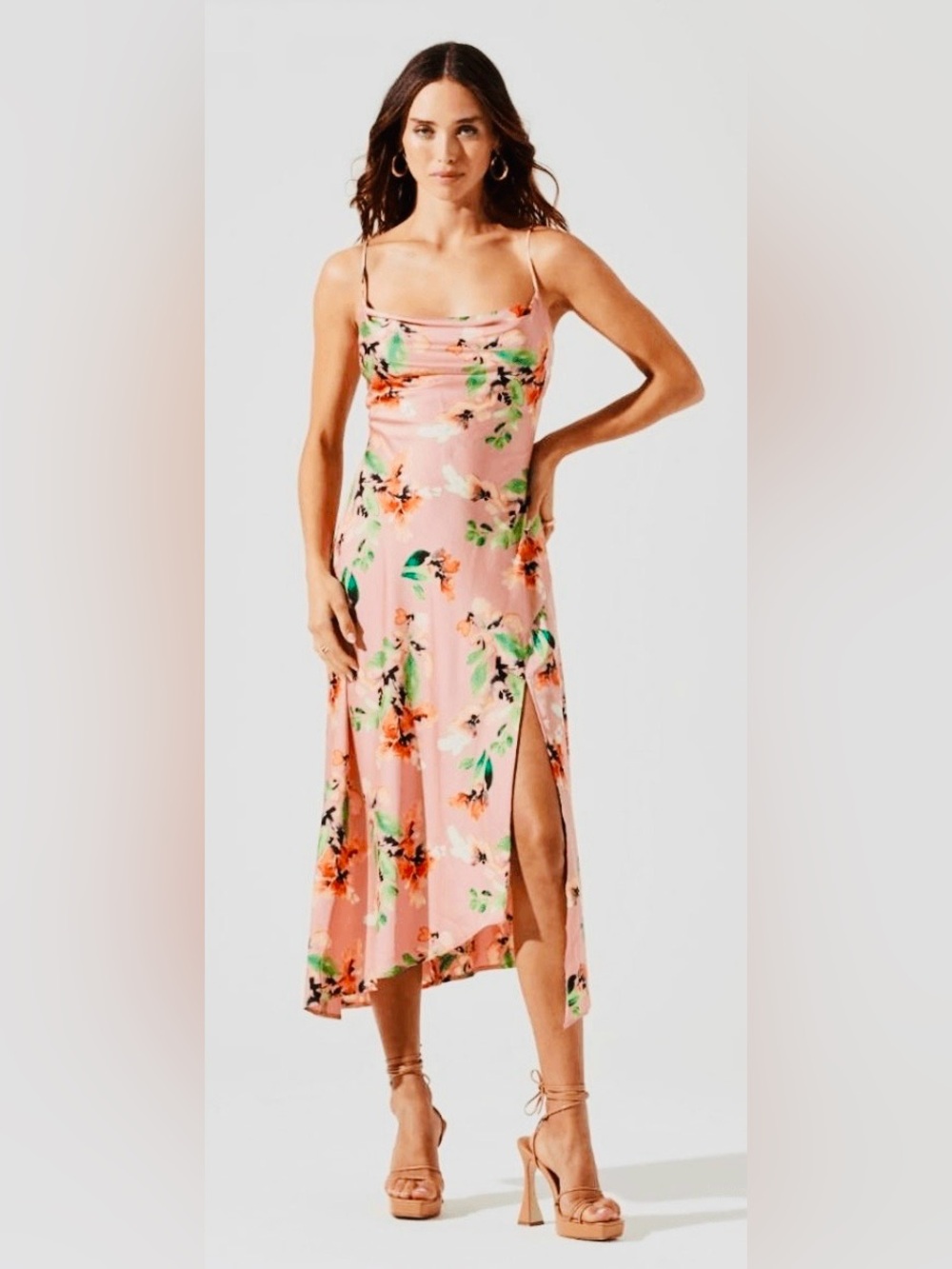 ASTR the label Pink Floral Slip Midi Dress with Side Slit